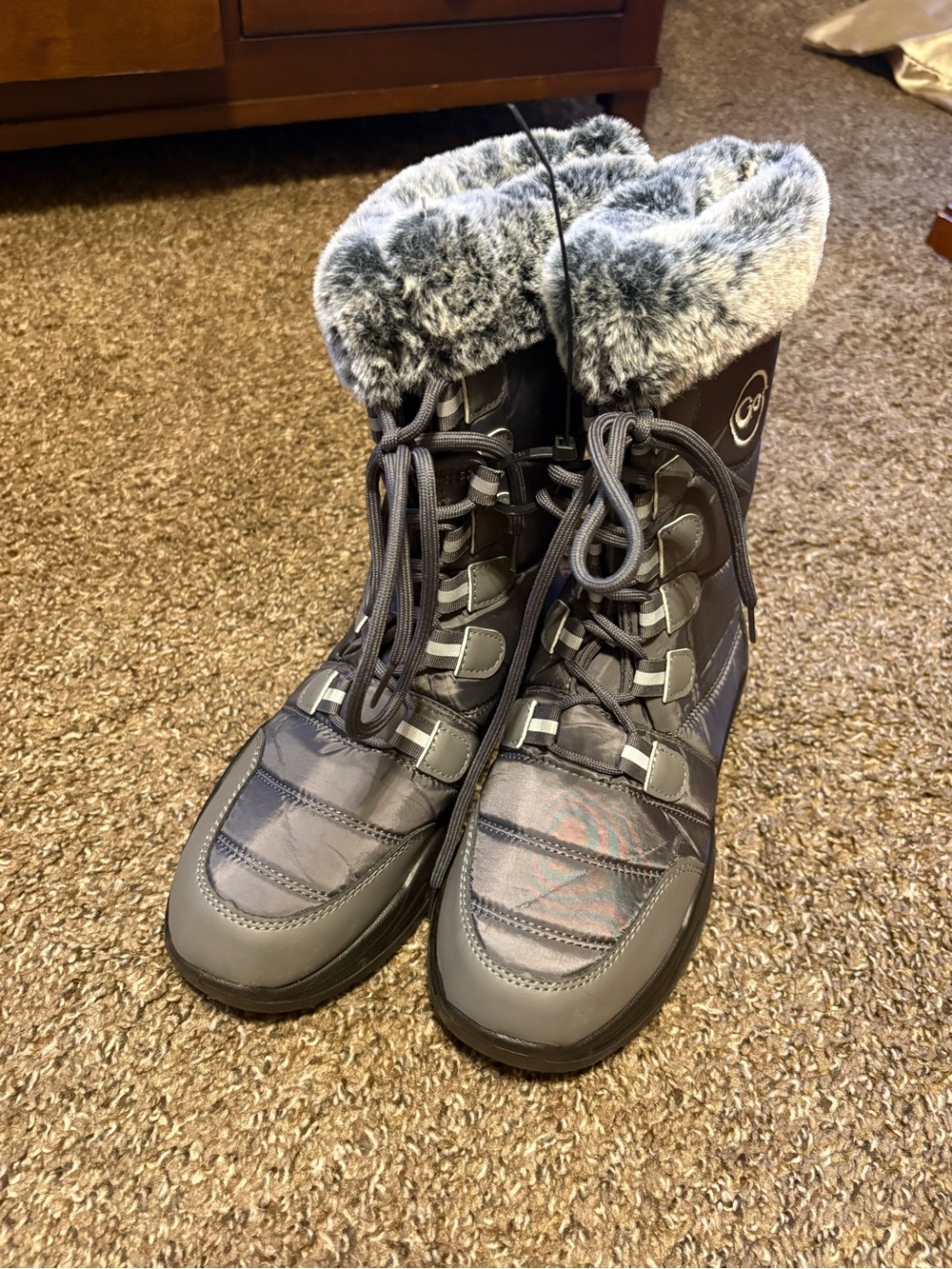Women's Gray Faux-Fur Winter Lace-Up Snow Boots